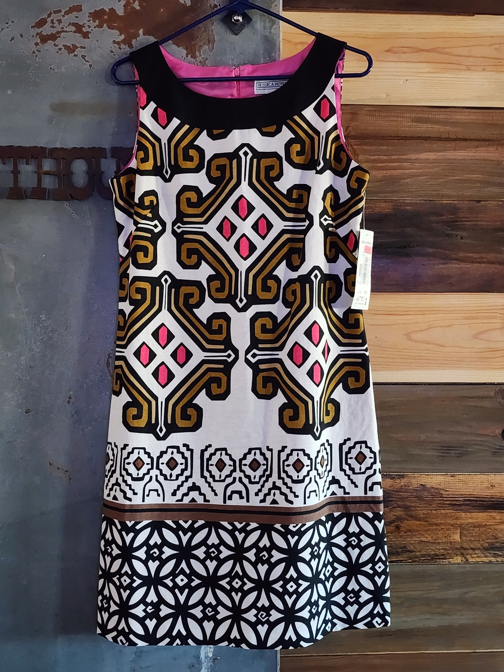 Jessica Howard Pink, Black & Gold Geometric Midi Dress